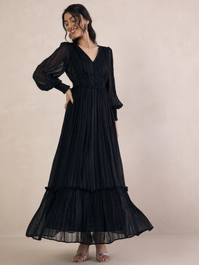 Black Lurex Tiered Maxi Dress