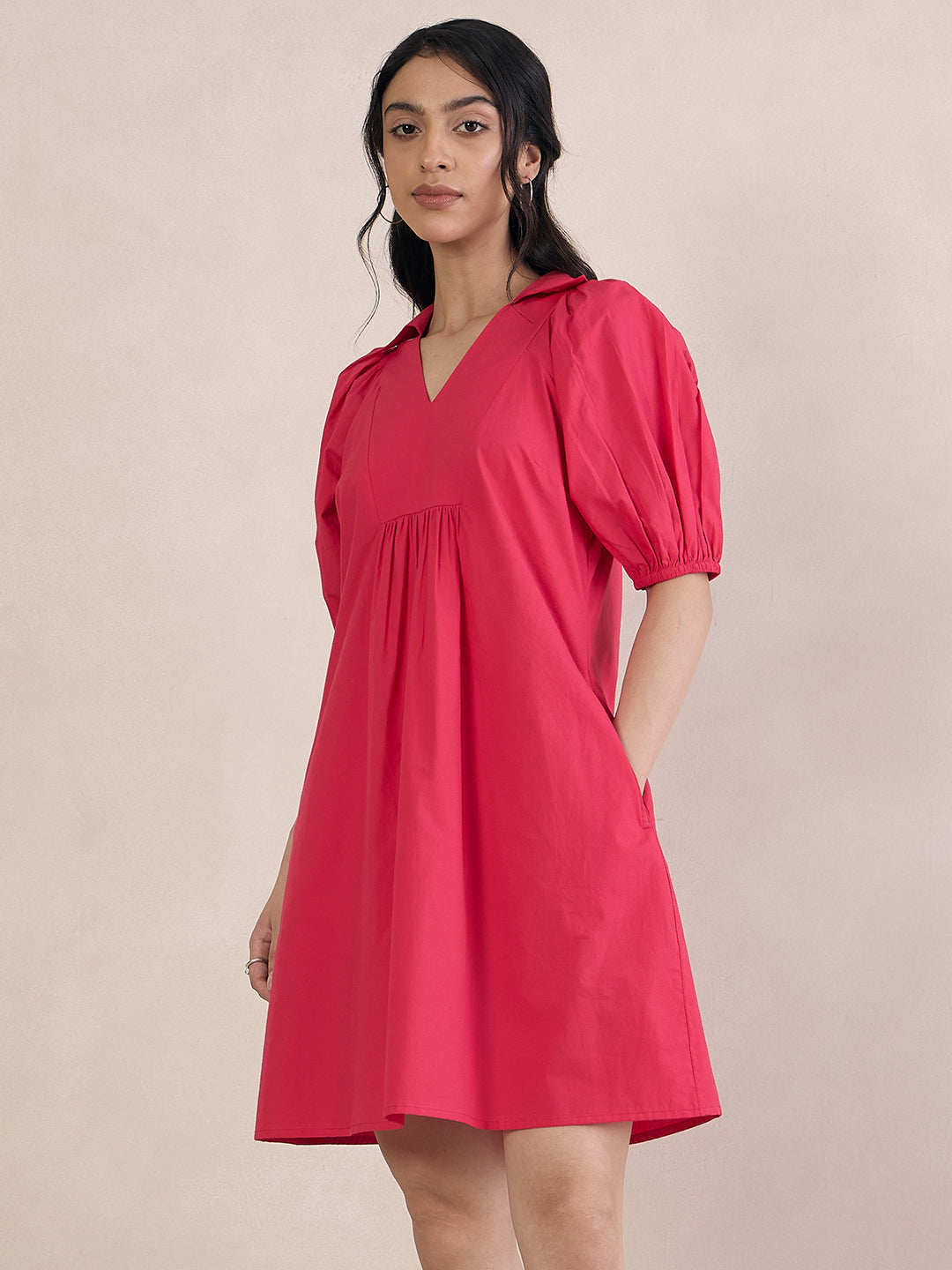 Pink Poplin V-Neck Mini Dress