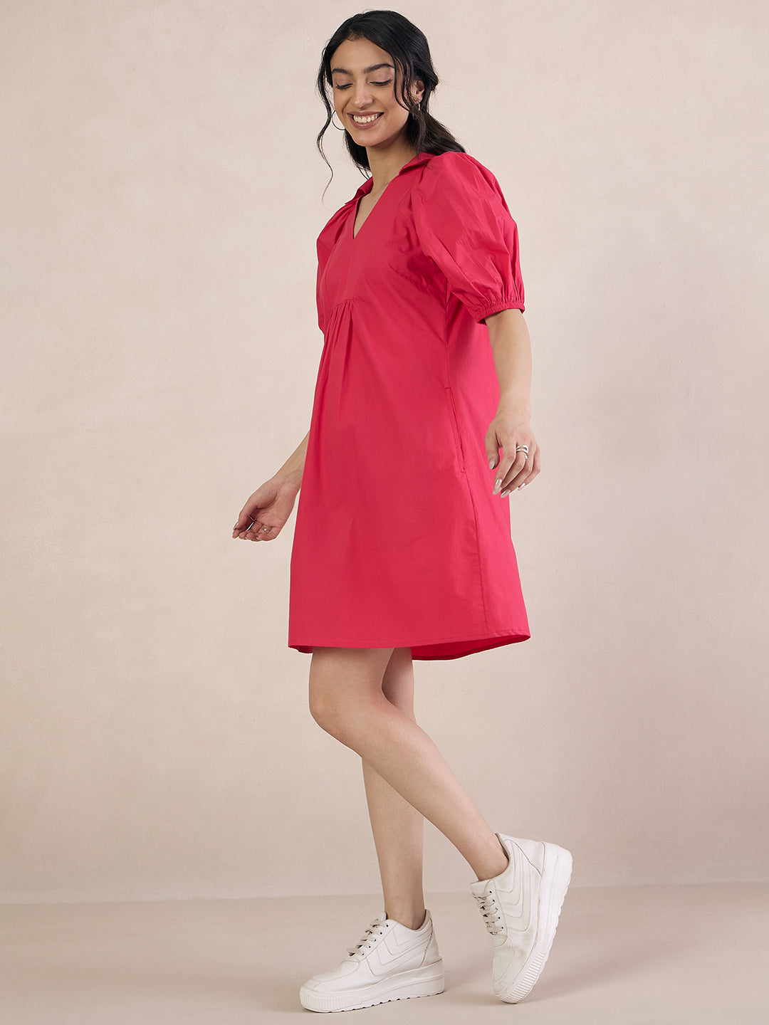 Pink Poplin V-Neck Mini Dress