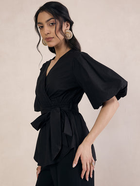 Black Poplin Wrap Top