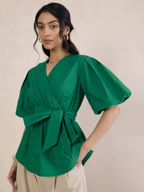 Green Poplin Wrap Top