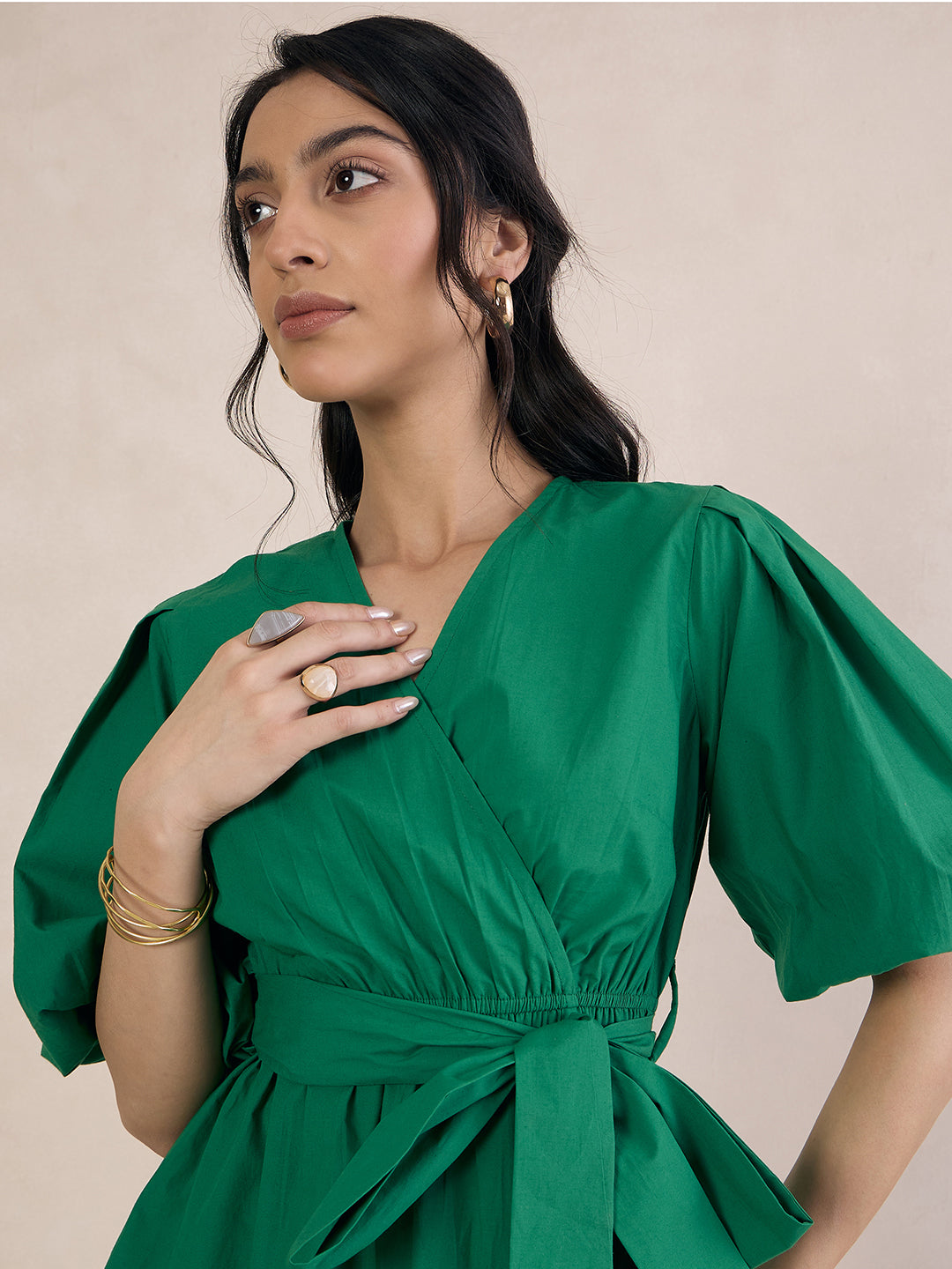 Green Poplin Wrap Top