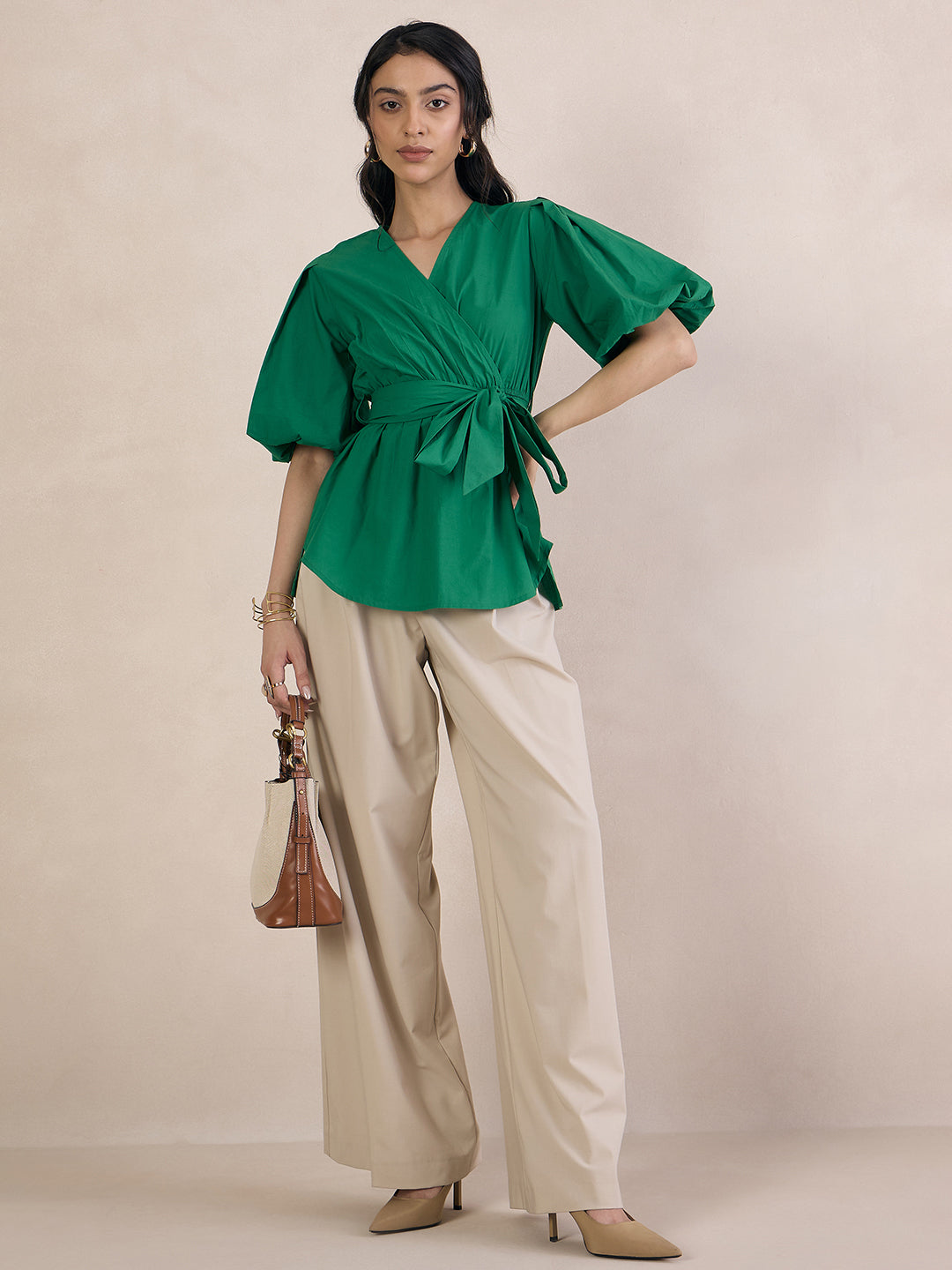 Green Poplin Wrap Top