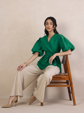 Green Poplin Wrap Top