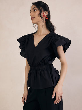 Black Poplin Ruffle Top