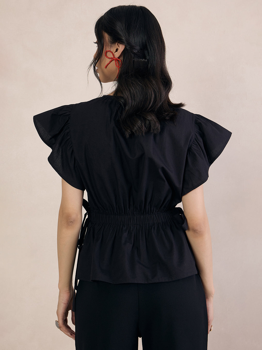 Black Poplin Ruffle Top