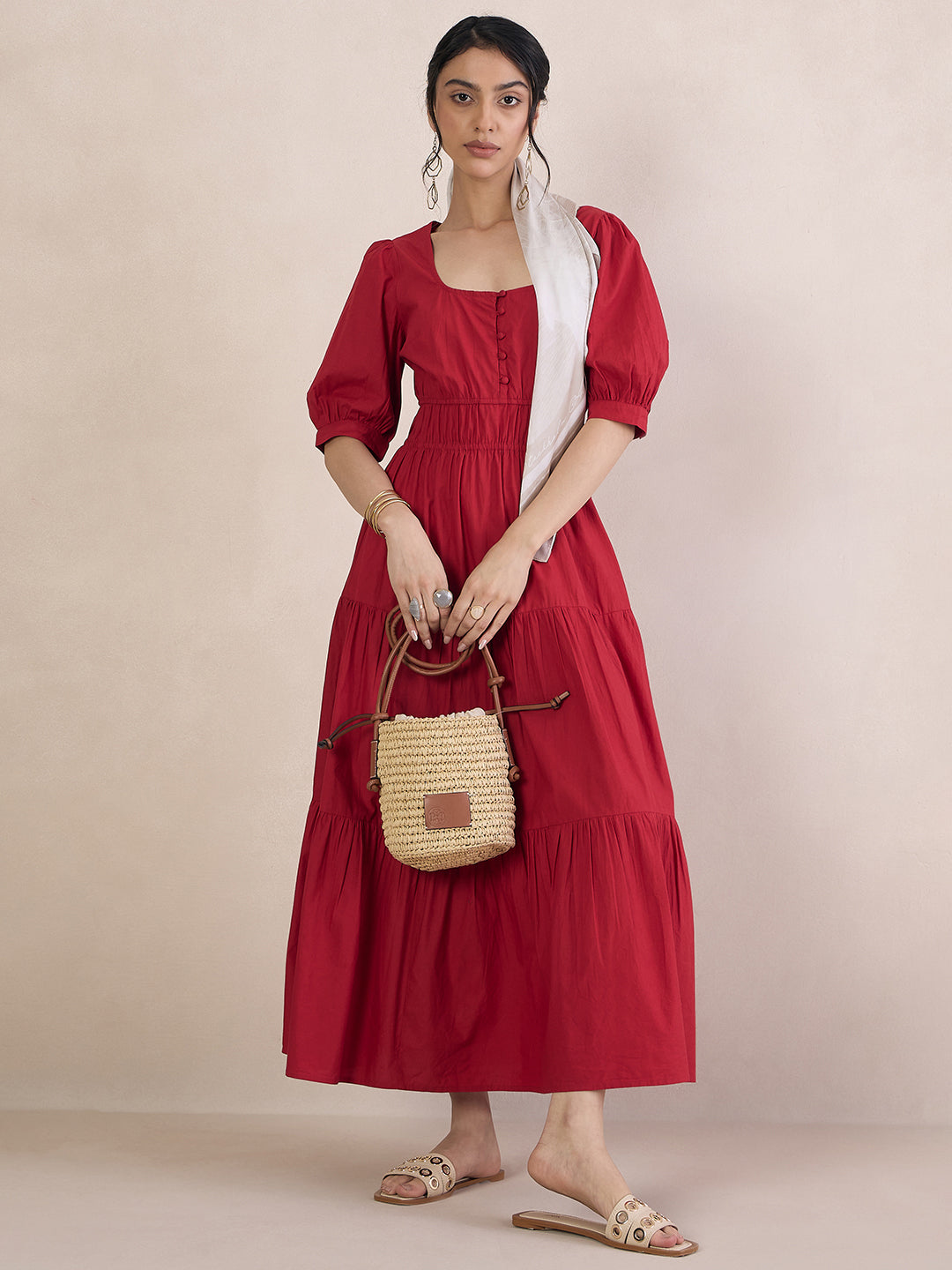 Red Poplin Smocked Maxi Dress