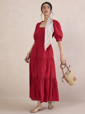 Red Poplin Smocked Maxi Dress