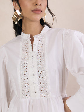 White Cotton Poplin Lace Detail Top