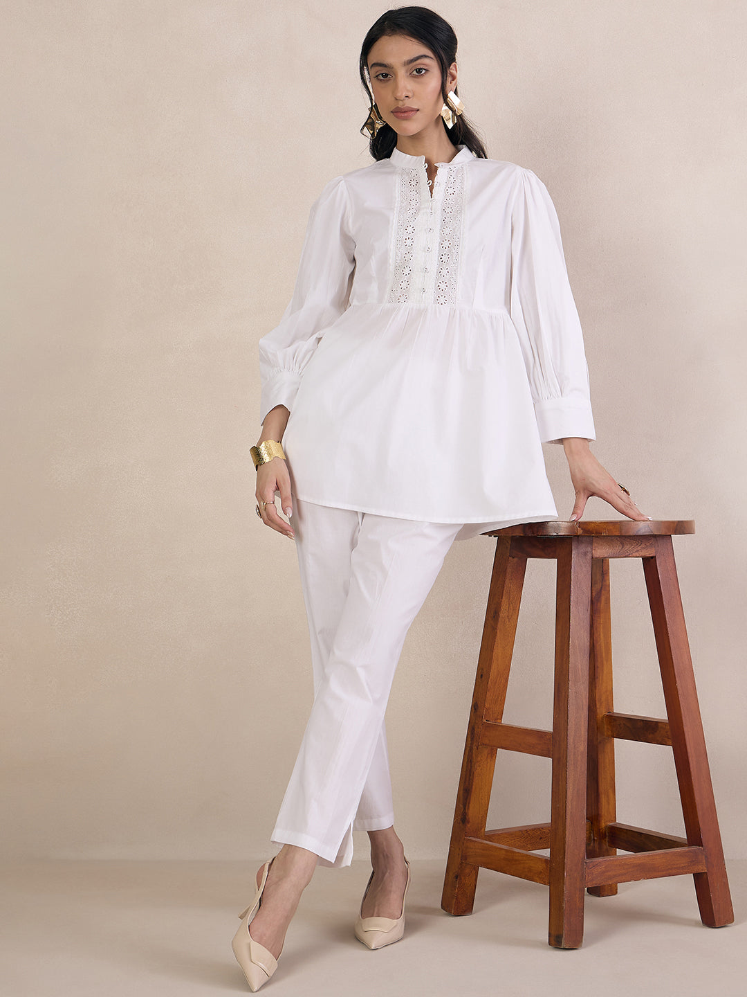 White Cotton Poplin Lace Detail Top