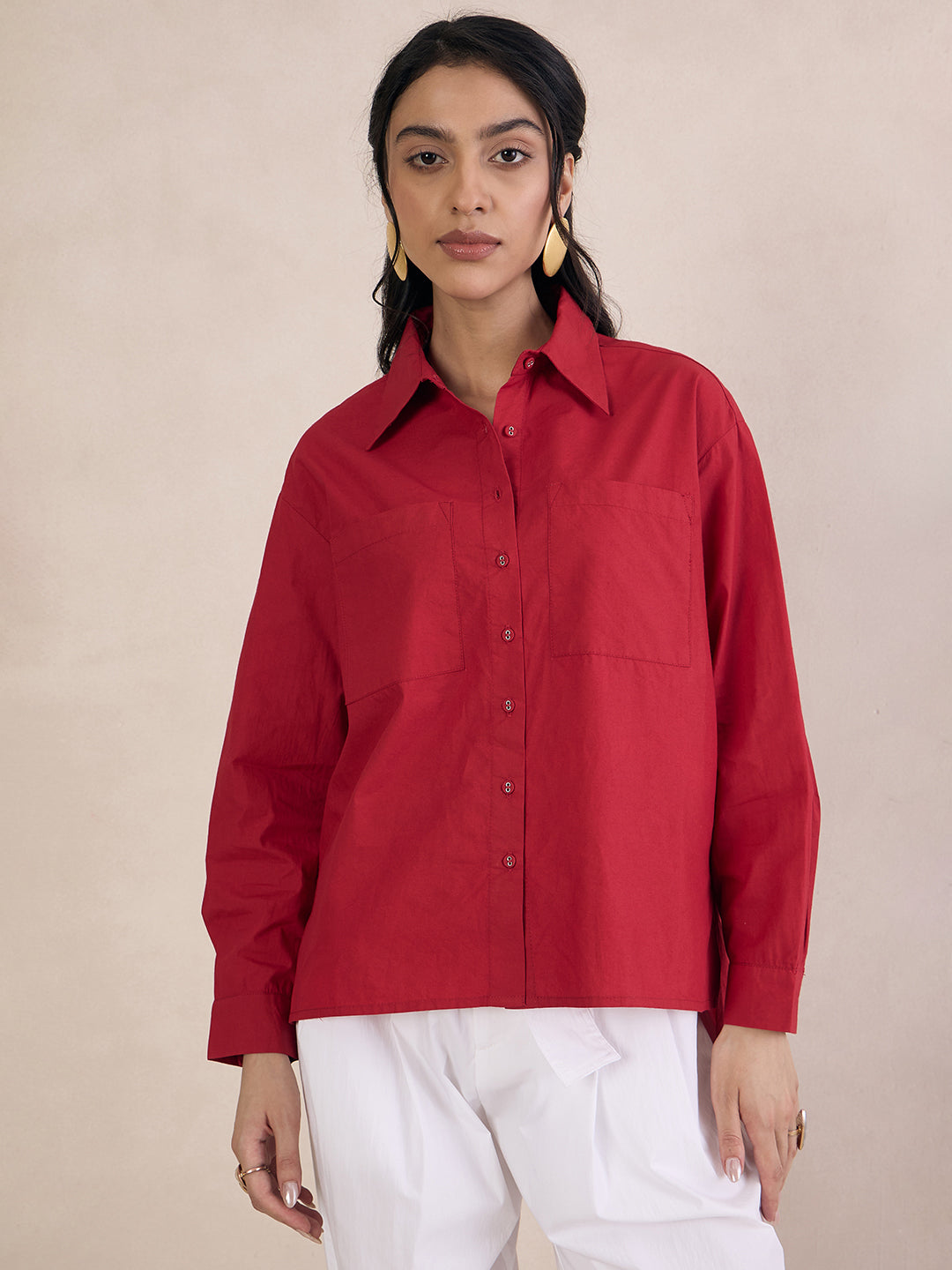 Red Poplin Oversized Shirt