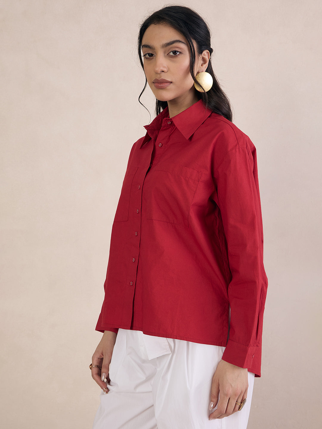 Red Poplin Oversized Shirt