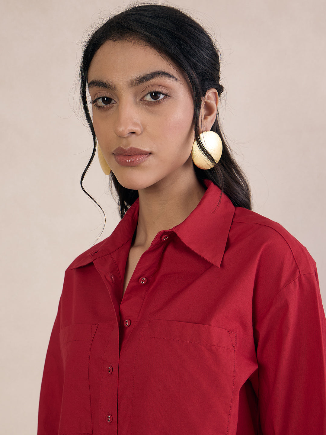 Red Poplin Oversized Shirt