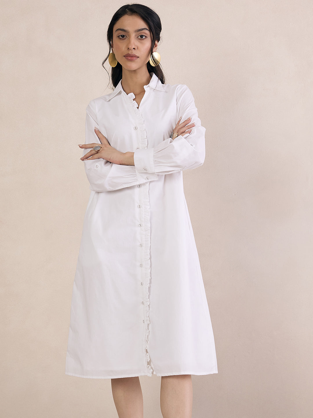 White Poplin Frill Midi Shirt Dress