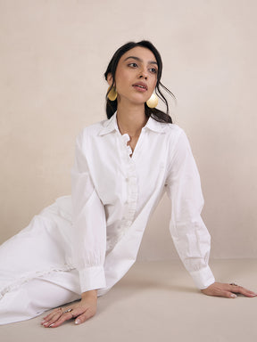 White Poplin Frill Midi Shirt Dress