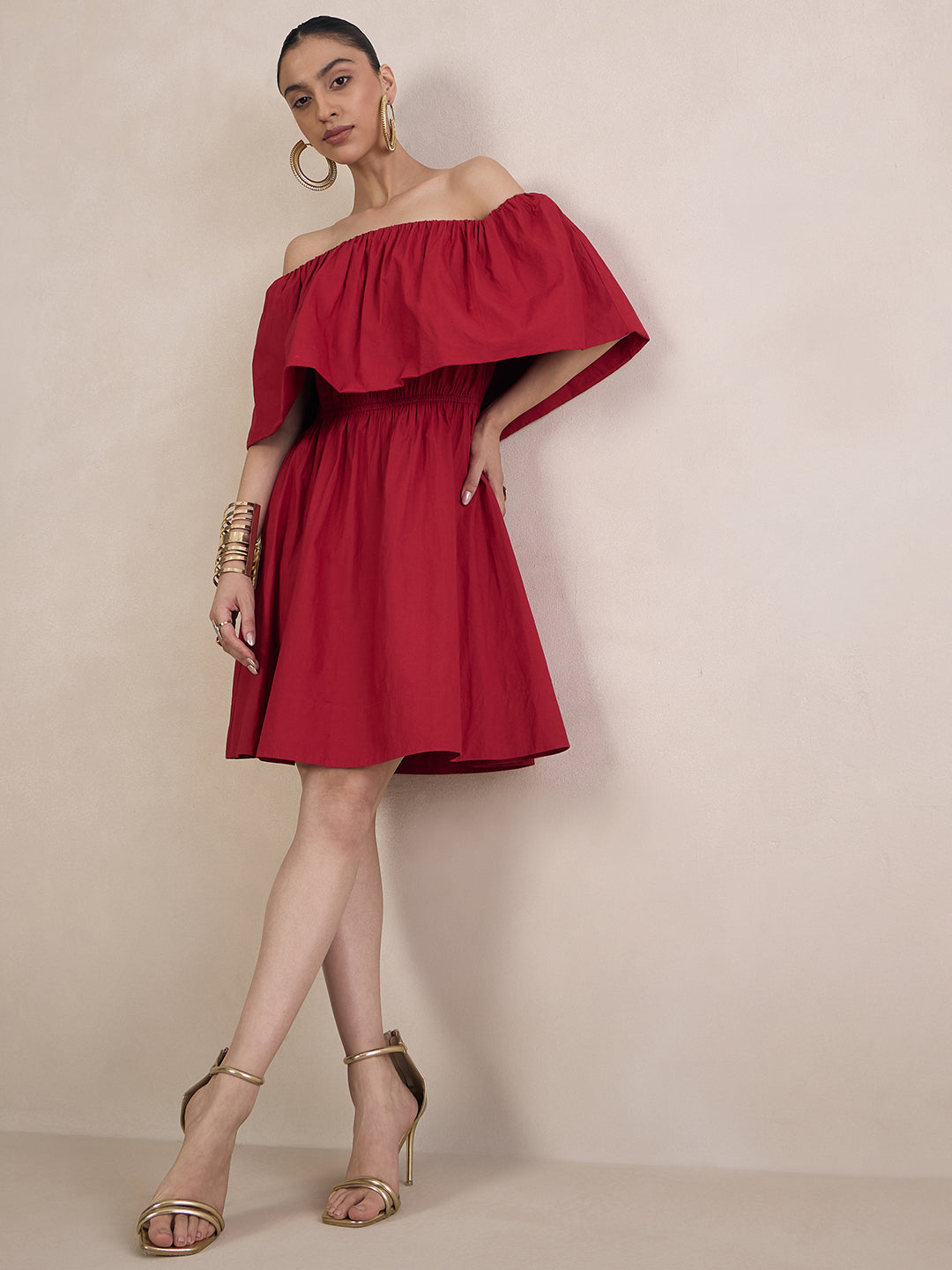 Red Poplin Off-Shoulder Mini Dress