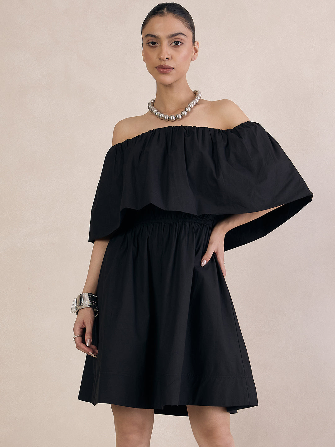 Black Poplin Off-Shoulder Mini Dress