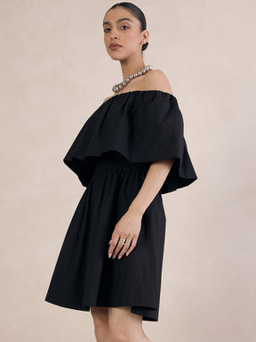 Black Poplin Off-Shoulder Mini Dress