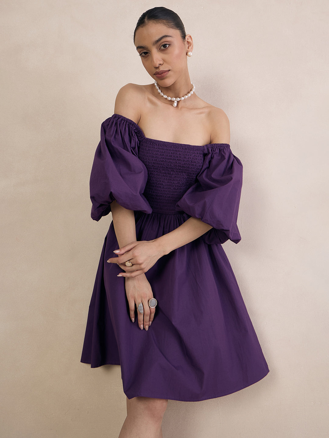 Purple Poplin Smocked Mini Dress