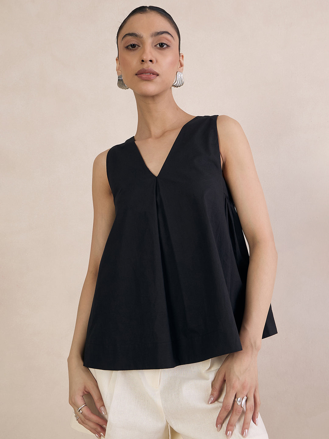 Black Poplin V-Neck Top