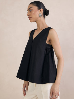 Black Poplin V-Neck Top