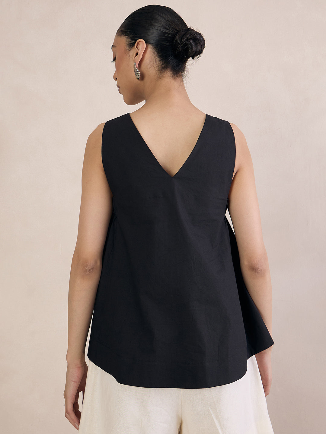 Black Poplin V-Neck Top