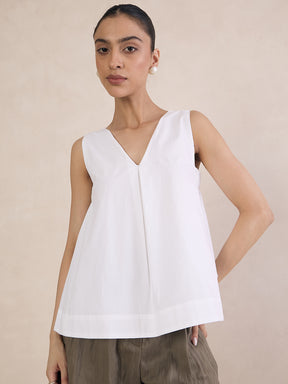 White Poplin V-Neck Top