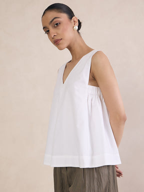 White Poplin V-Neck Top