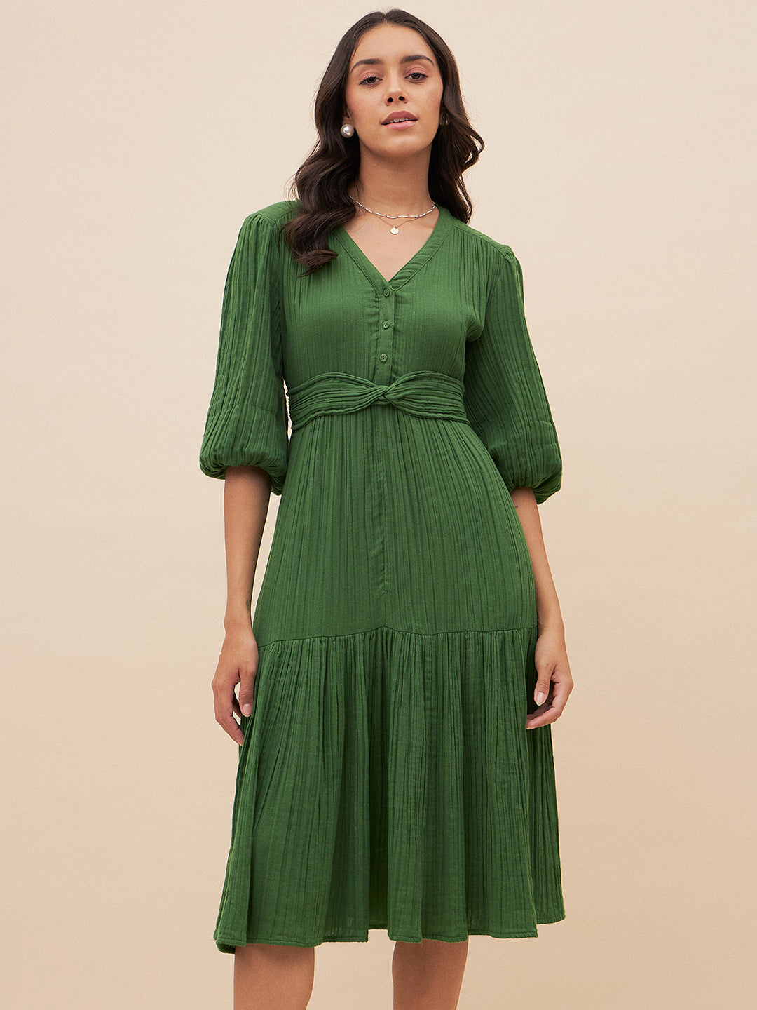 Green Solid Front Knot Detail Midi Dress