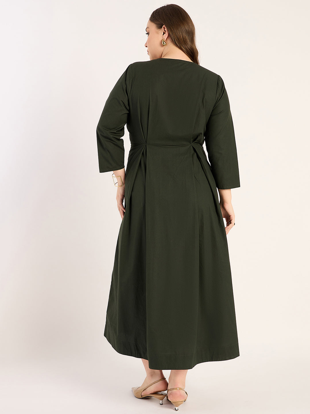 Olive Pleat Detailing Poplin Maxi Dress