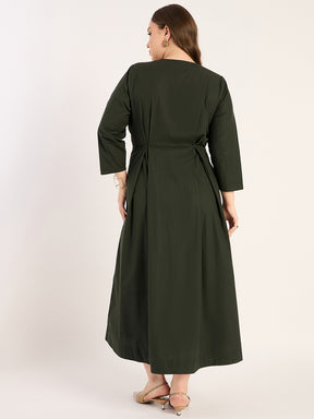 Olive Pleat Detailing Poplin Maxi Dress