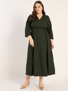 Olive Pleat Detailing Poplin Maxi Dress