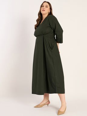 Olive Pleat Detailing Poplin Maxi Dress