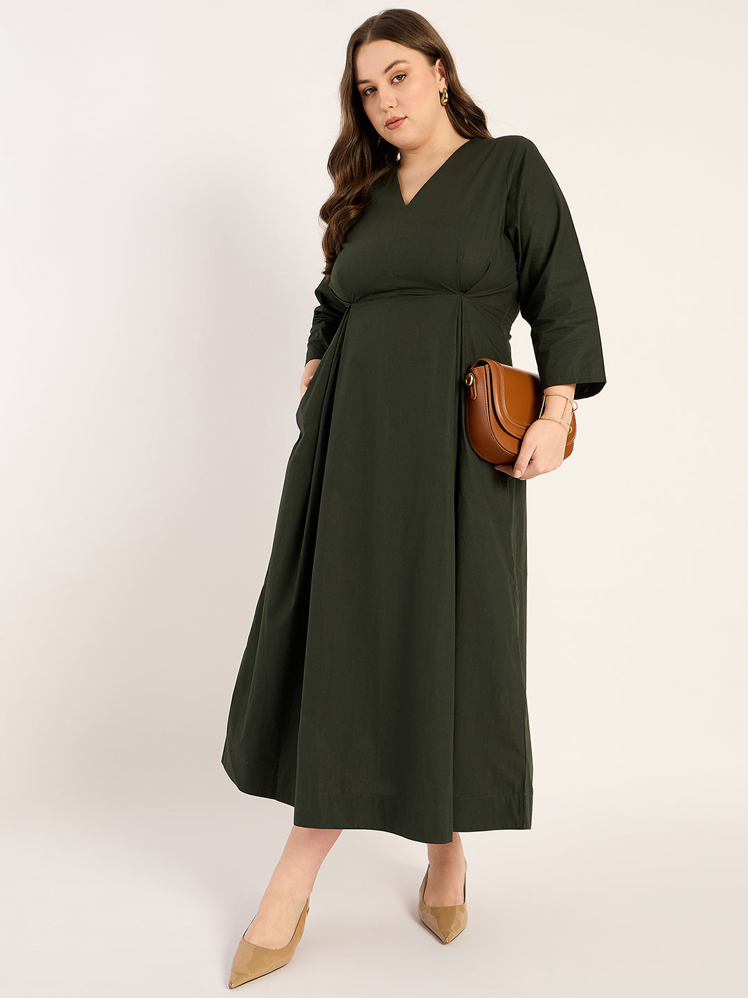 Olive Pleat Detailing Poplin Maxi Dress