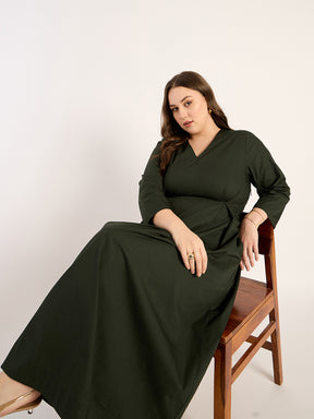 Olive Pleat Detailing Poplin Maxi Dress