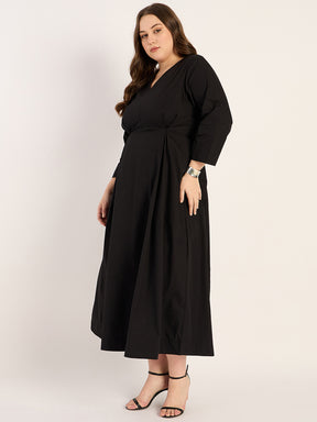 Black Pleat Detailing Poplin Maxi Dress