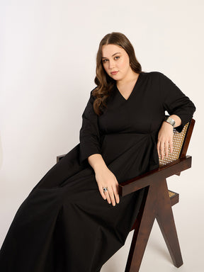 Black Pleat Detailing Poplin Maxi Dress