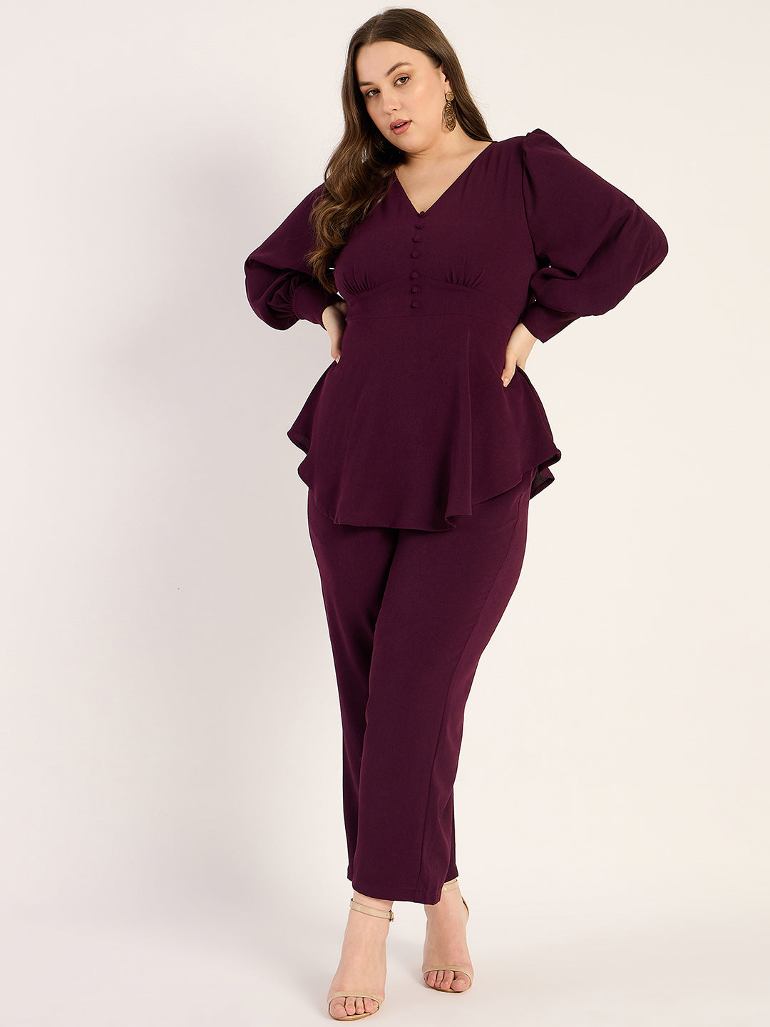 Wine Crinkle V-Neck Co-Ord Set