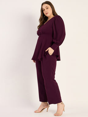 Wine Crinkle V-Neck Co-Ord Set