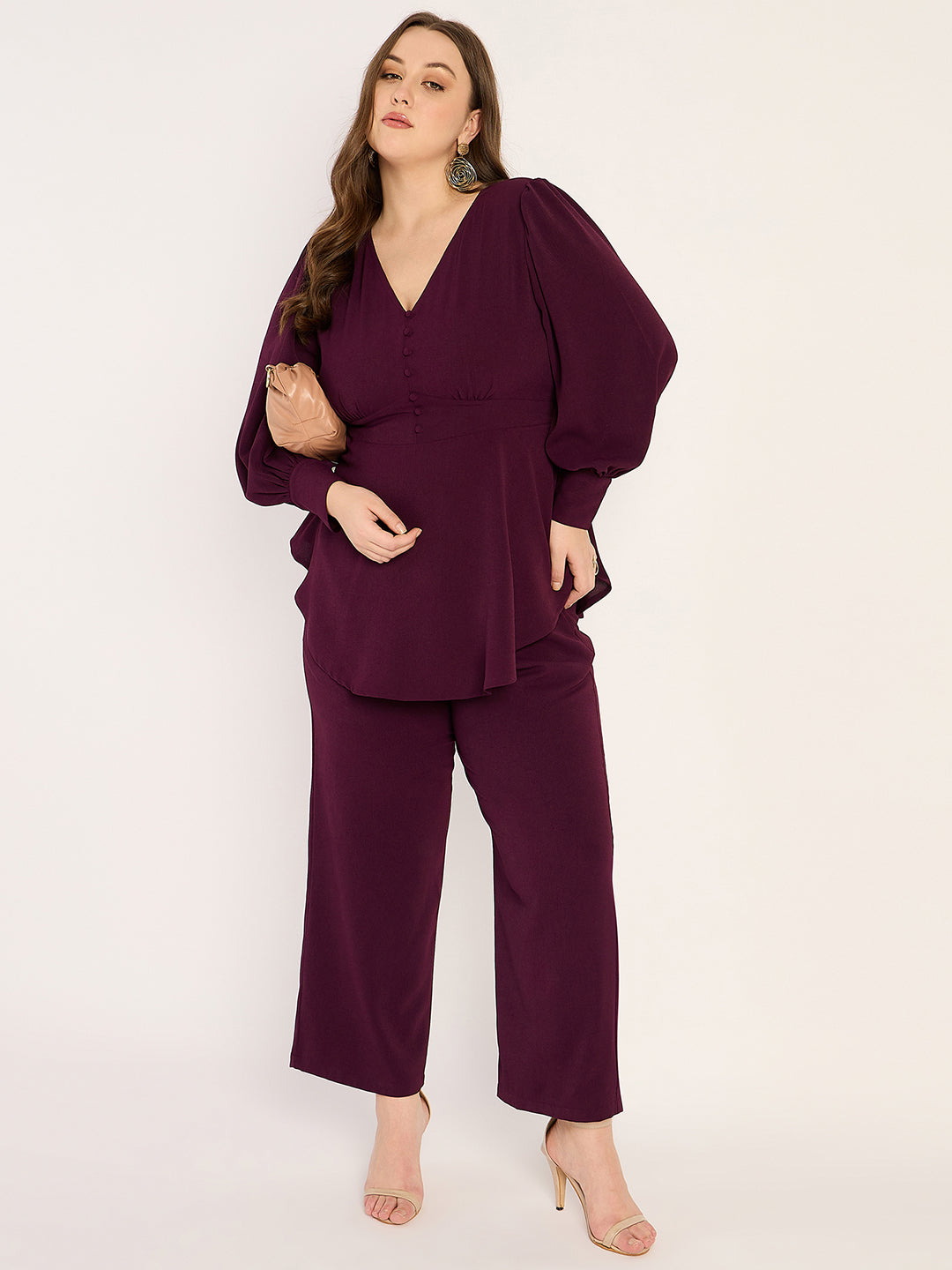 Wine Crinkle V-Neck Co-Ord Set