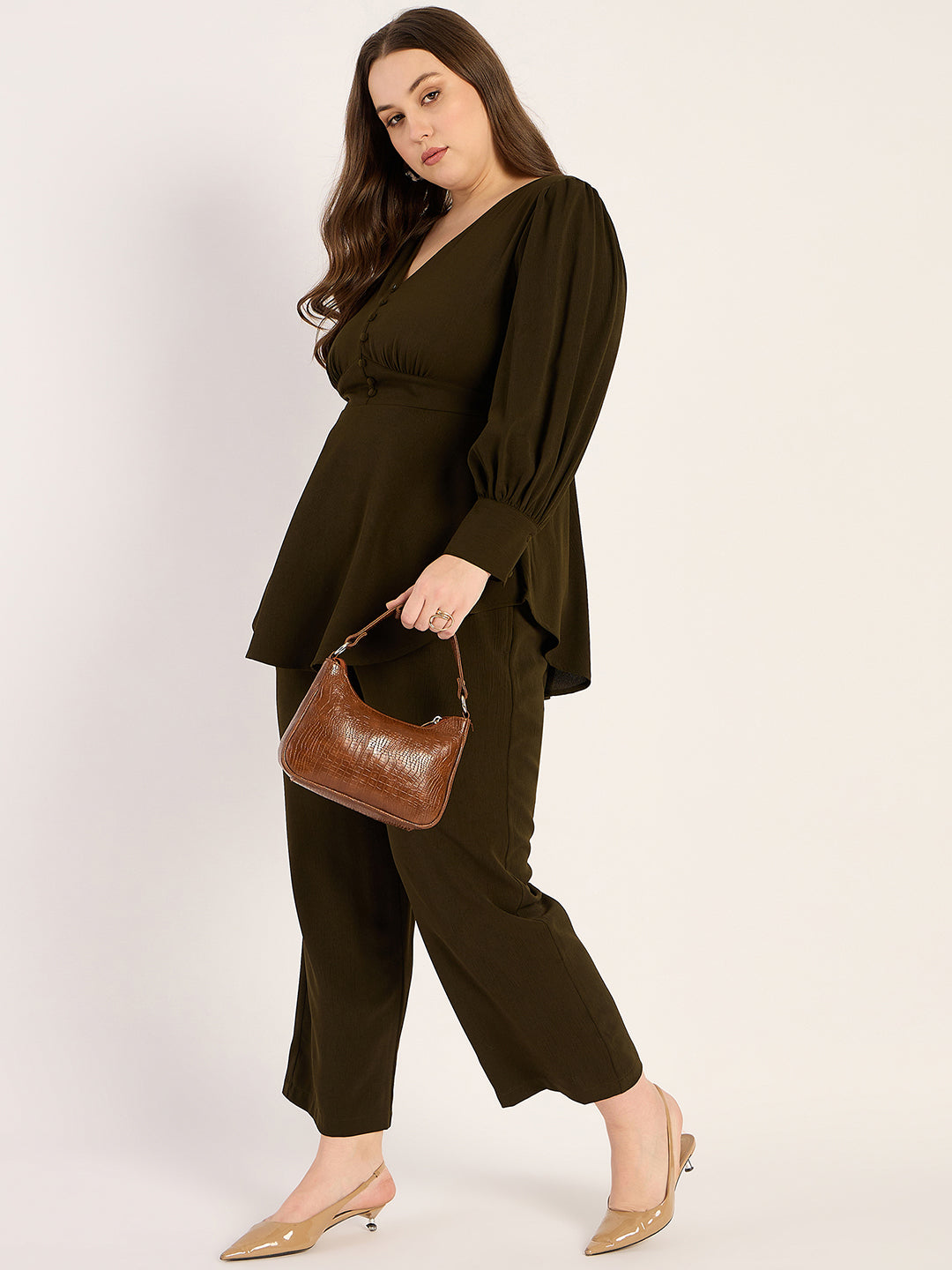 Olive Crinkle V-Neck Co-Ord Set