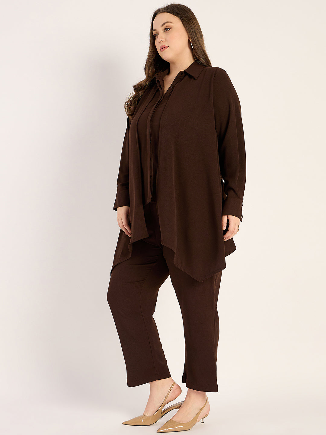 Coffee Brown Crinkle Asymmetric Co-Ord Set