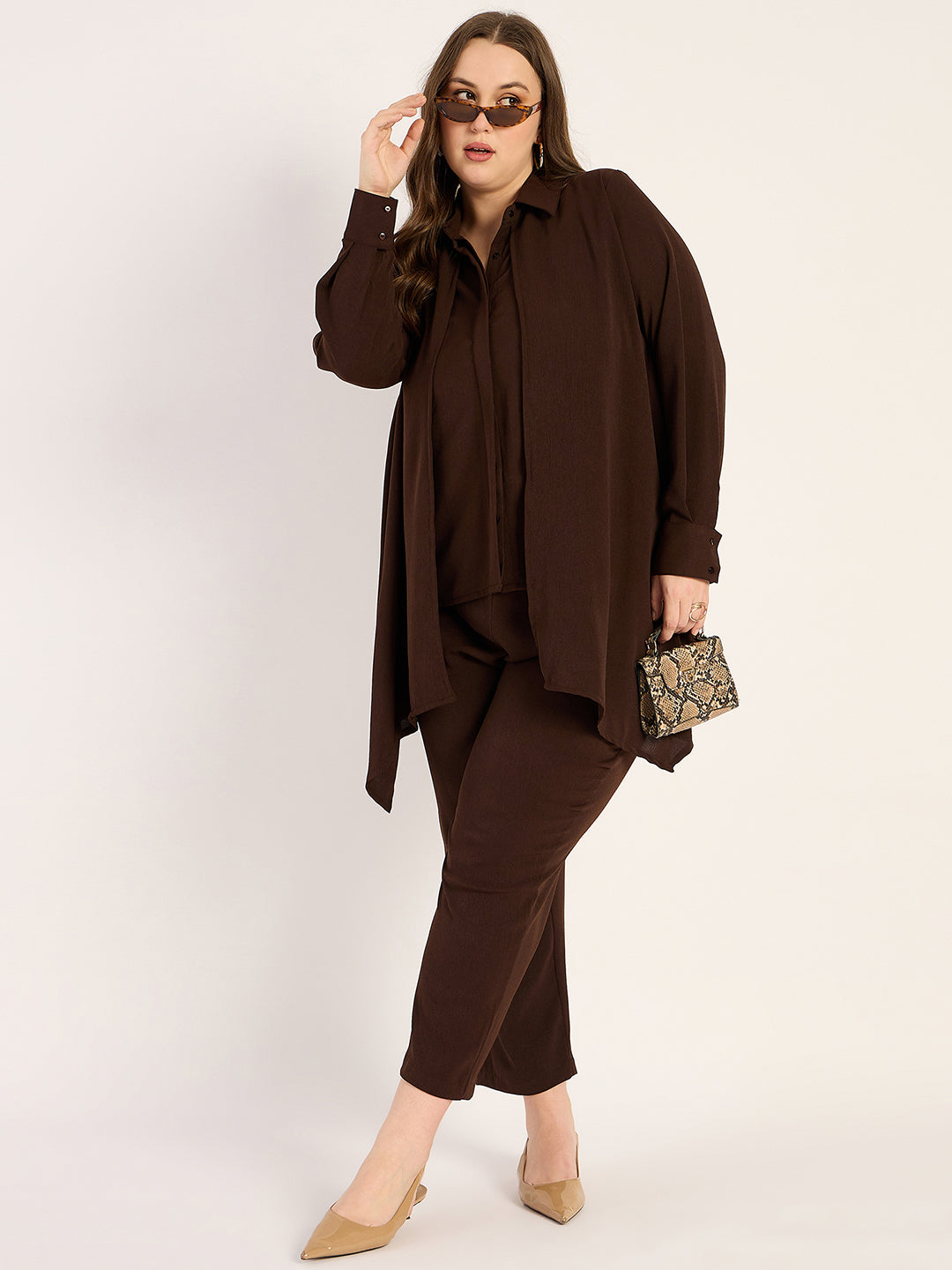 Coffee Brown Crinkle Asymmetric Co-Ord Set