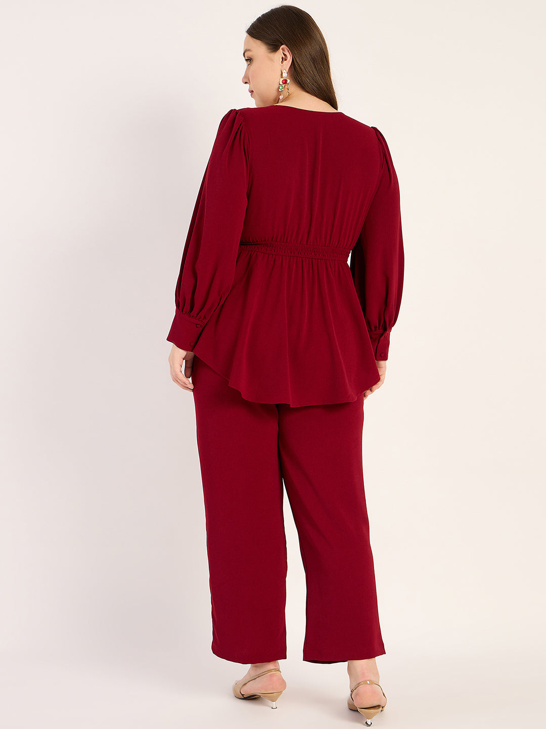 Deep Red Crinkle V-Neck Co-Ord Set