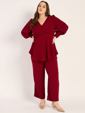 Deep Red Crinkle V-Neck Co-Ord Set