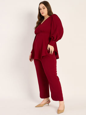 Deep Red Crinkle V-Neck Co-Ord Set