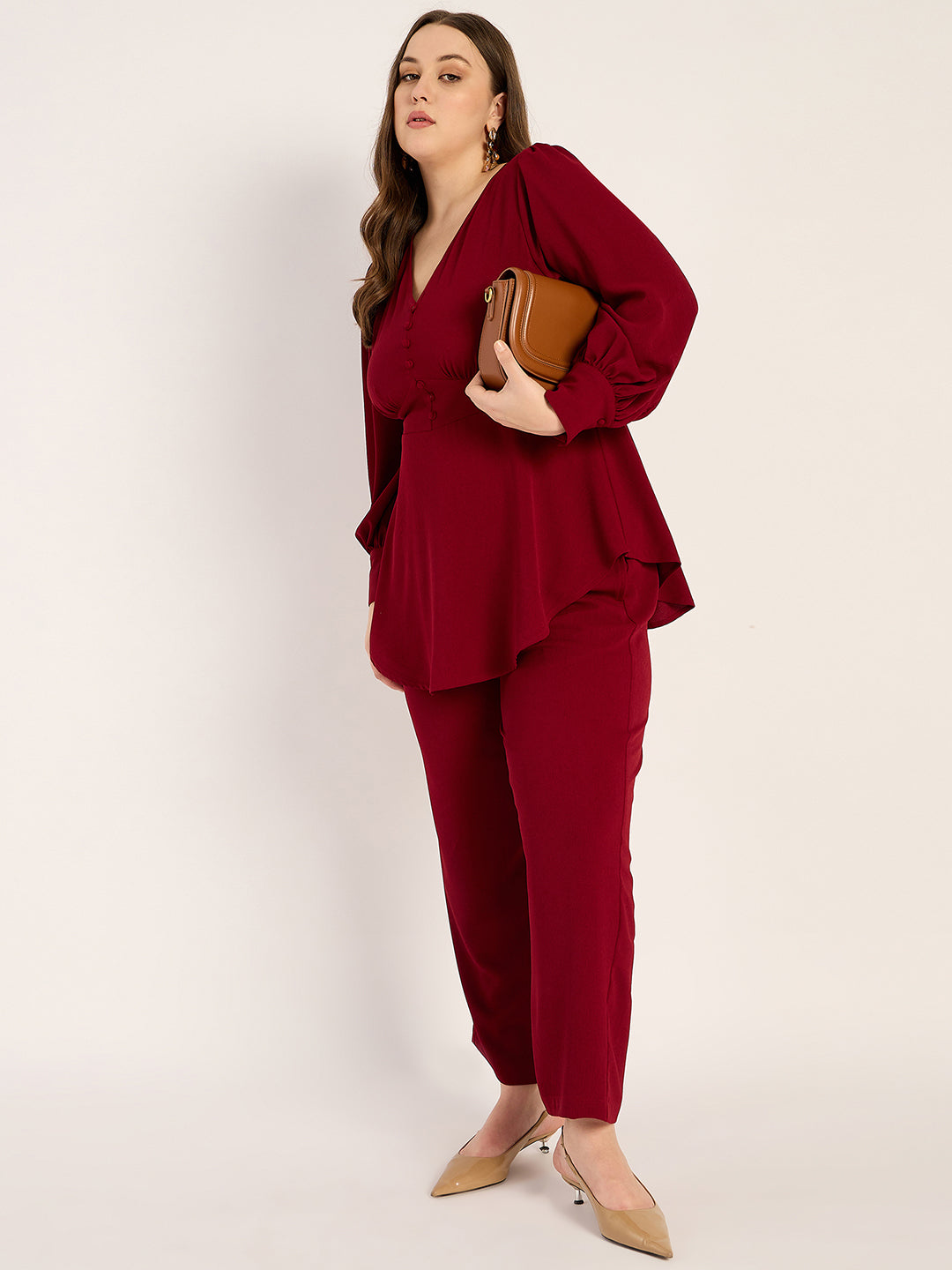 Deep Red Crinkle V-Neck Co-Ord Set