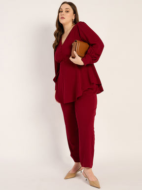 Deep Red Crinkle V-Neck Co-Ord Set