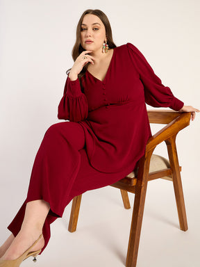 Deep Red Crinkle V-Neck Co-Ord Set