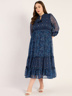 Navy Paisley Printed Tiered Maxi Dress